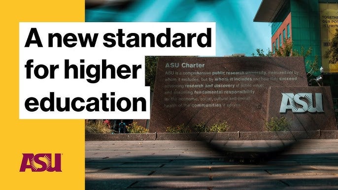 A title card featuring an image of the ASU Charter monument on the ASU Tempe campus.  