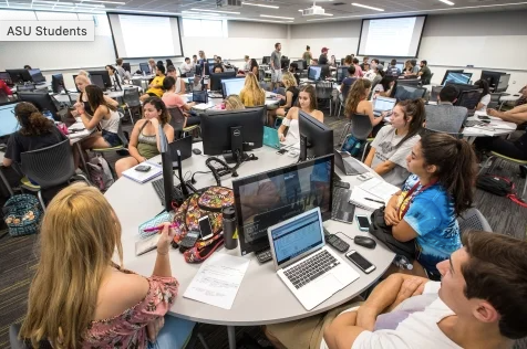 ASU Students College students study around a round table in a university video.