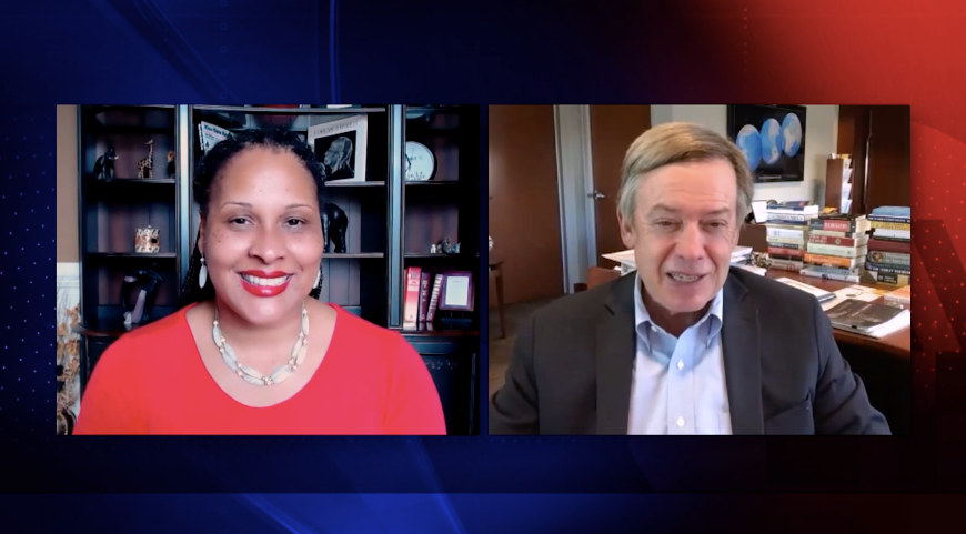 Professor Eleanor Seaton and Dr. Michael Crow talk in side-by-side frames on Zoom