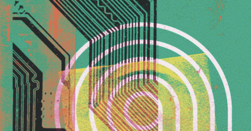 An artist's close-up rendering of a microchip in green, black, orange and yellow