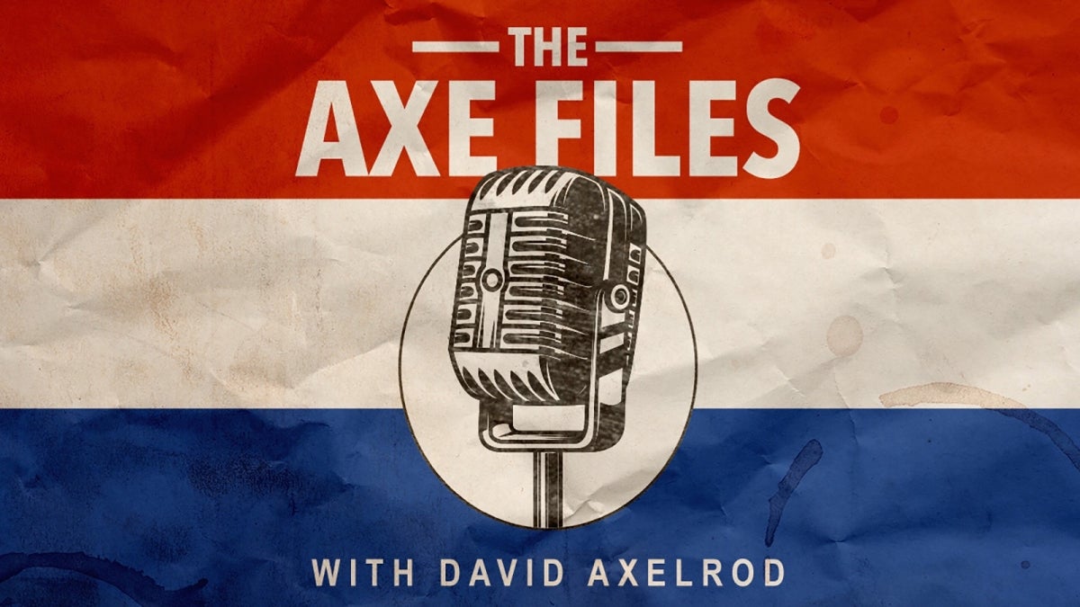 An illustration of an old fashioned microphone sits in the center of a red, white and blue backdrop resembling wrinkled, stained paper. It is titled "The Axe Files with David Axelrod." 