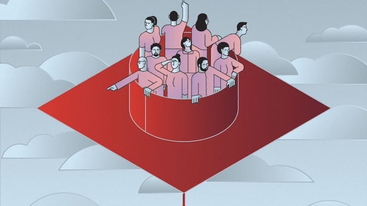 An illustration of ten people dressed in pink standing on a red, upside down mortar board and trying to navigate while floating in the sky. 