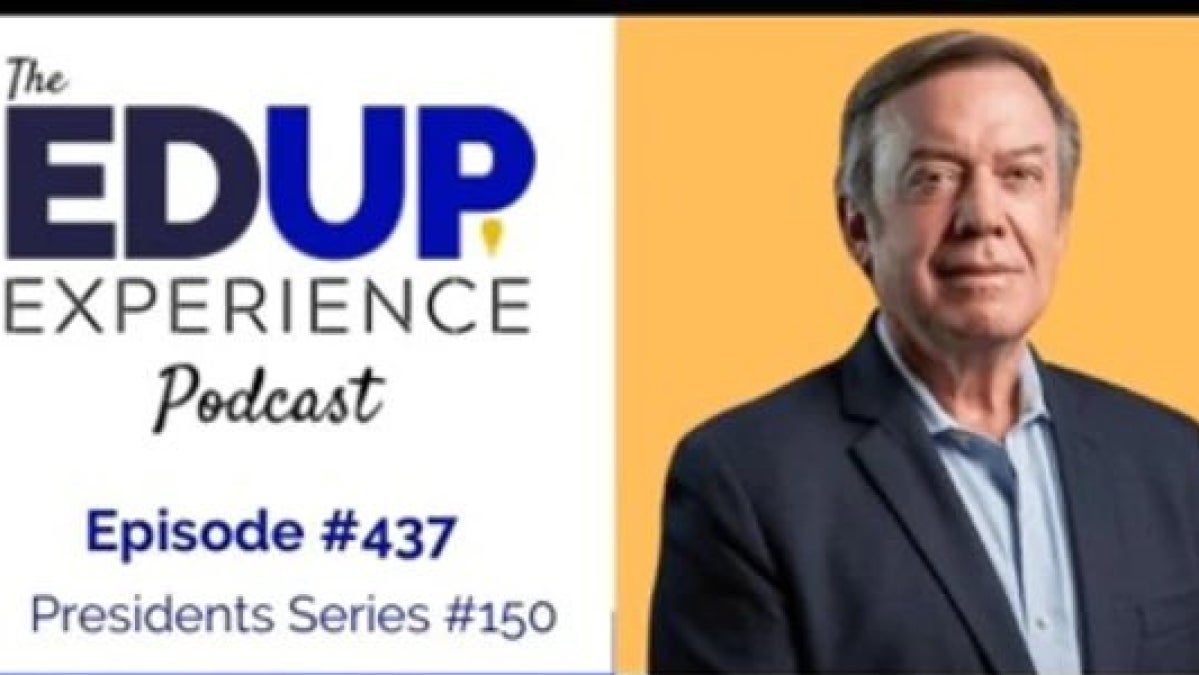 An adult person wearing a blue shirt and blazer is featured on the right-side of a podcast ad.  