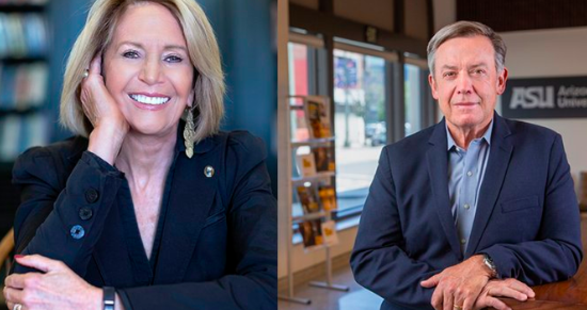 Side-by-side head shots of two science and technology policy leaders and authors smiling and dressed in dark clothing. 