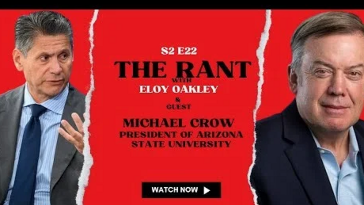 Images of two people in business attire against a red background promote a podcast on education.
