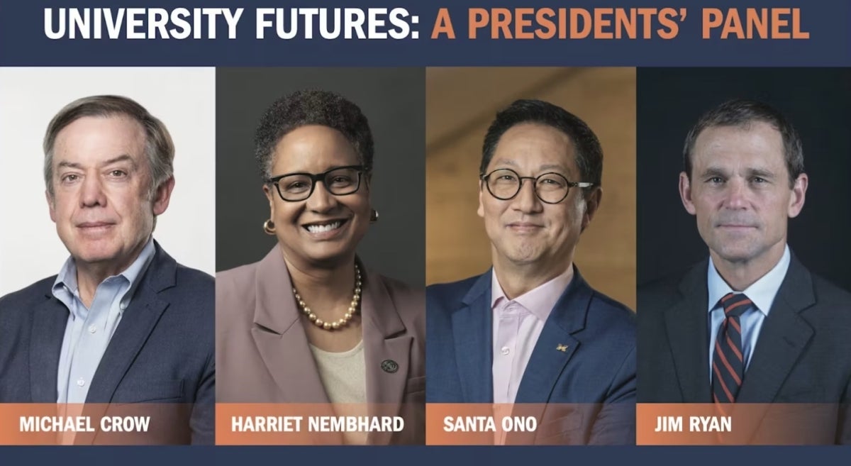 Headshots of four university leaders speaking on a panel about the future of higher education.