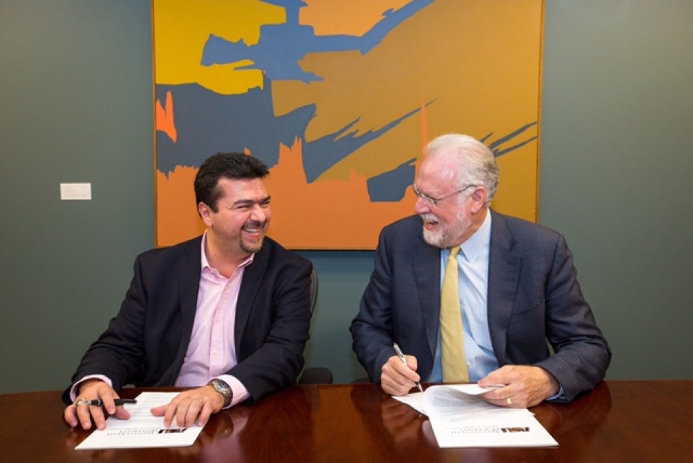 Leonardo Rodriguez Beltran of SENER and ASU Provost Mark Searle sign partnership agreement