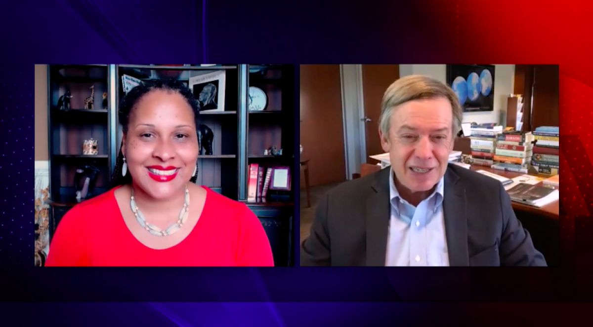 Professor Eleanor Seaton and Dr. Michael Crow talk in side-by-side frames on Zoom 