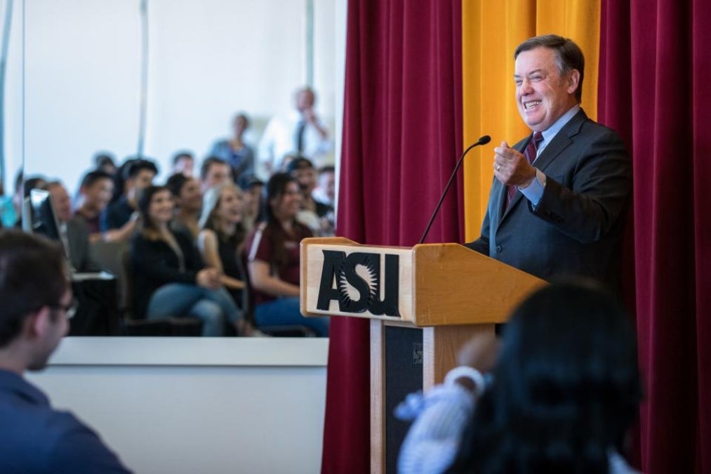 Michael Crow speaking at student town hall 