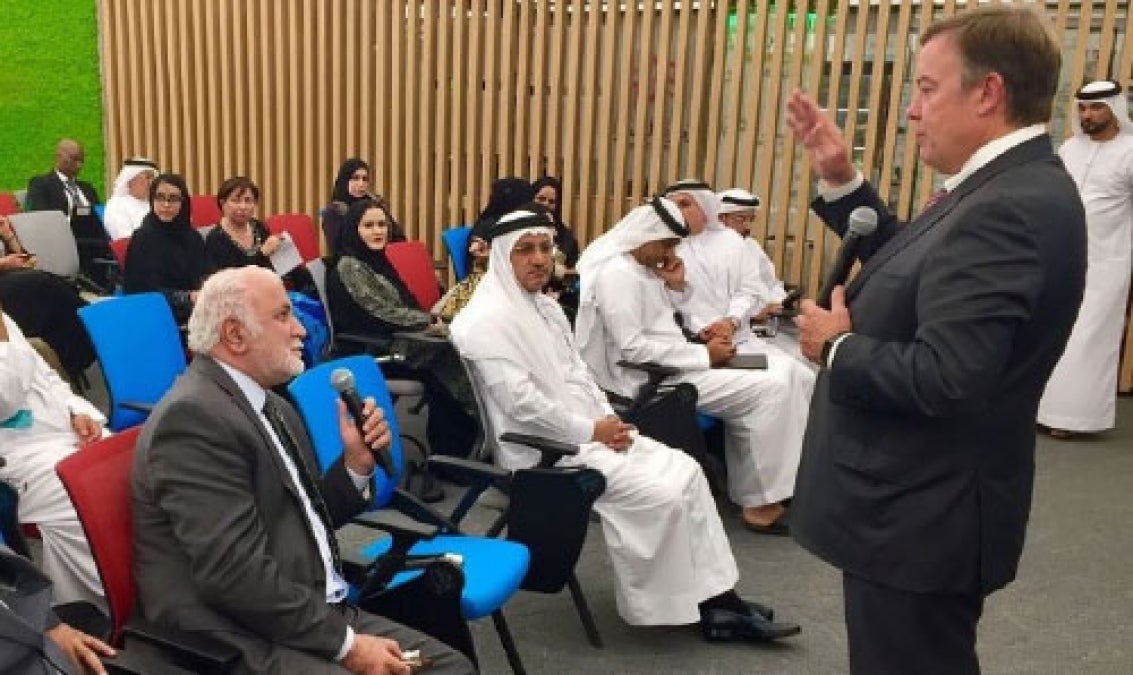 ASU President Michael Crow gives remarks at the Dubai Health Authority in the UAE, 2016.