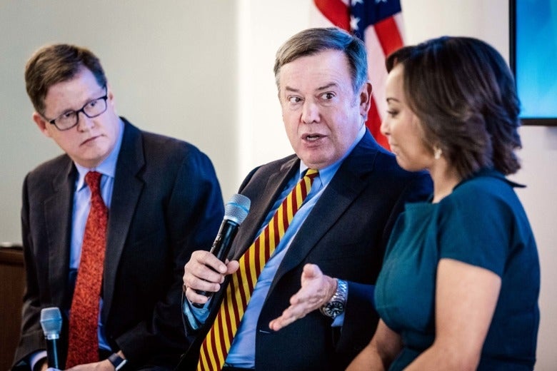 Future Tense editorial director Andrés Martinez, Arizona State University President Michael Crow, and Waymo global head of policy Tekedra Mawakana. 