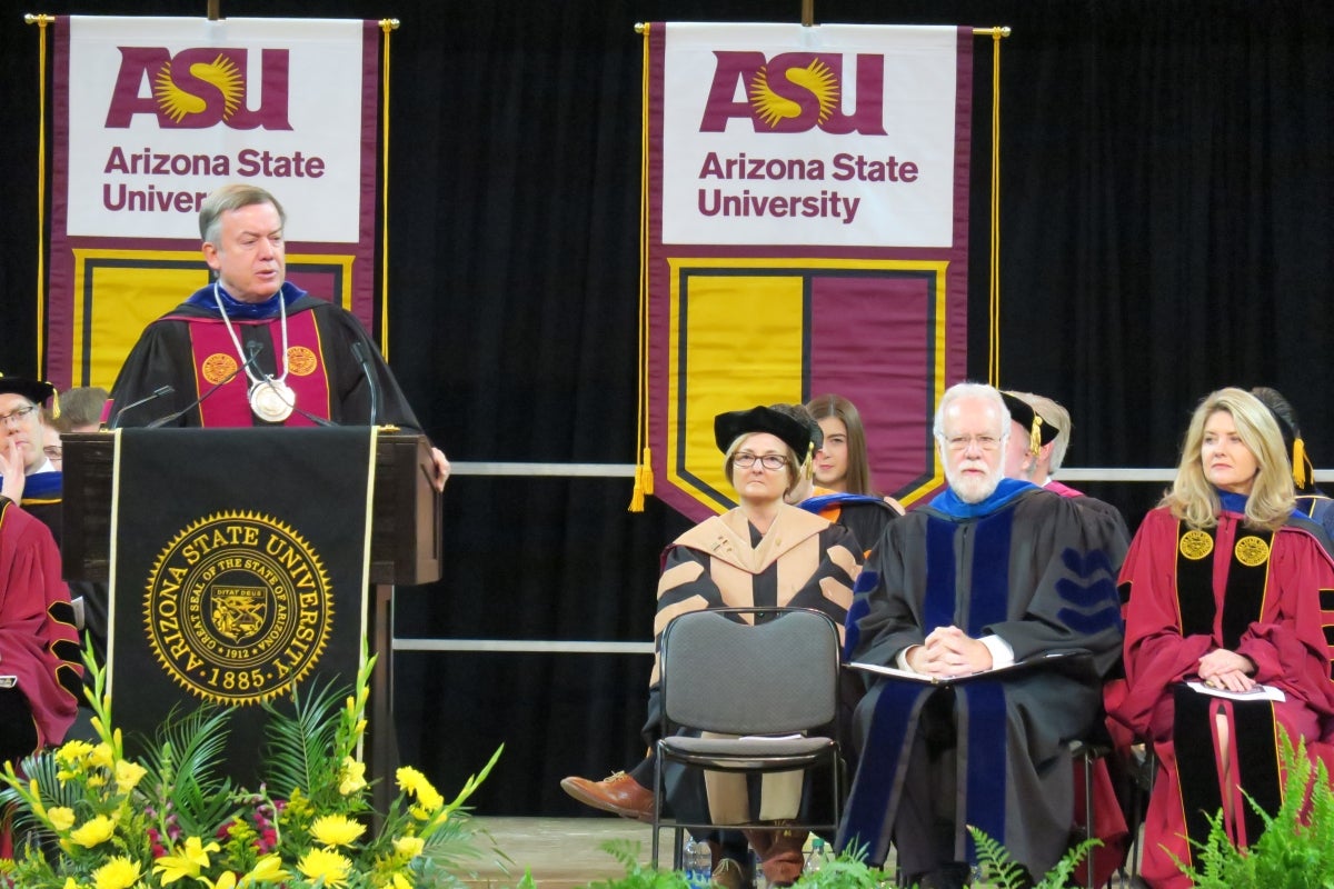 ASU President Michael Crow, WPC Dean Amy Hillman, University Provost Mark Searle, ABOR President Eileen Klein  