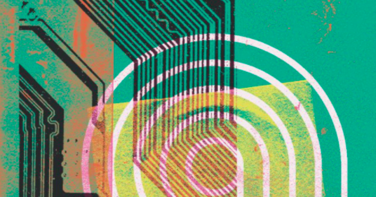 An artist's close-up rendering of a microchip in green, black, orange and yellow 