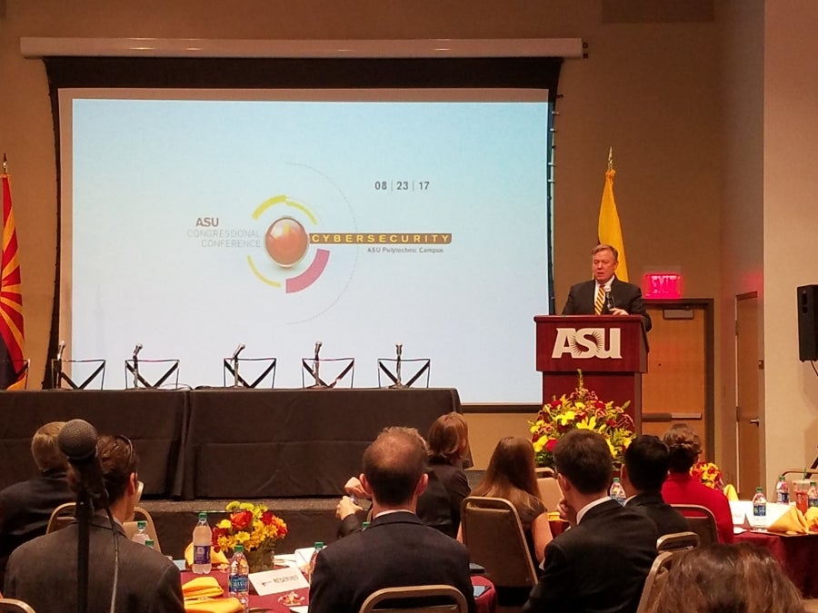 ASU President Michael Crow welcomes members and staff to the ASU Congressional Conference on Cybersecurity