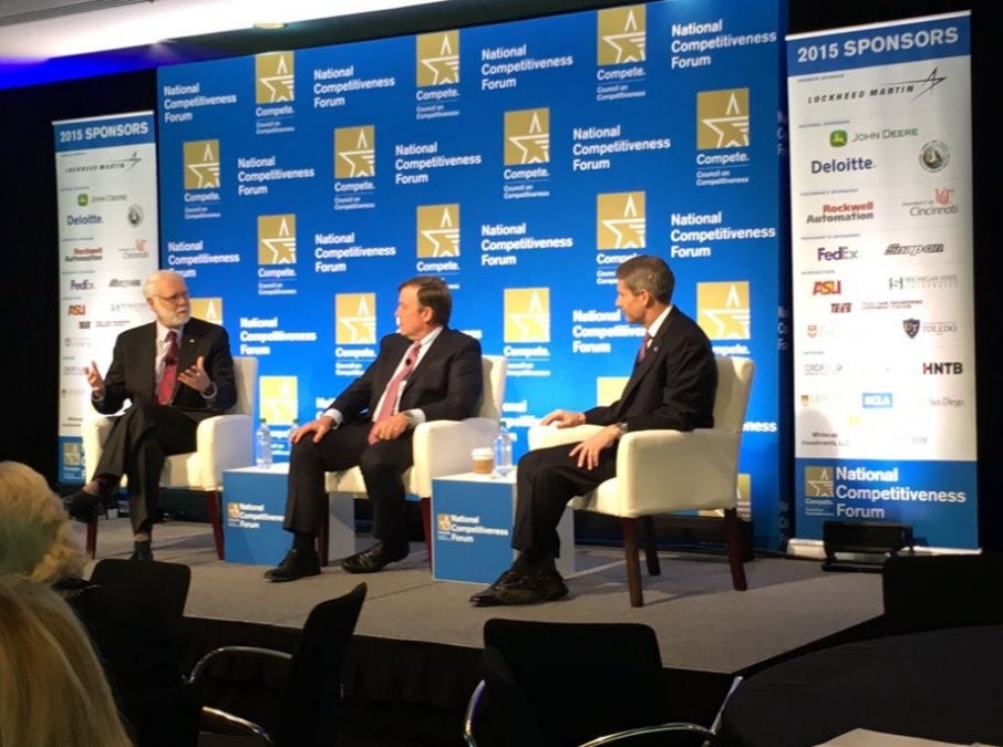 Wayne Clough, Michael Crow and Dana "Keoki" Jackson discuss education and global competitiveness at the 2015 National Competitiveness Forum.