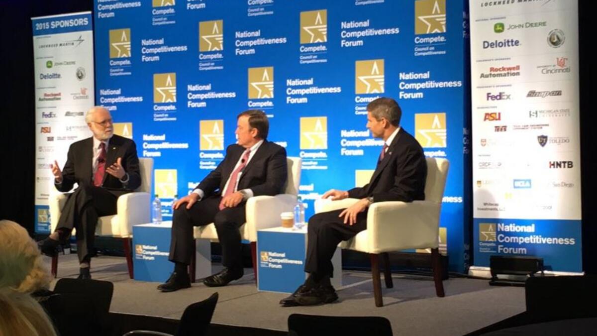 Wayne Clough, Michael Crow and Dana "Keoki" Jackson discuss education and global competitiveness at the 2015 National Competitiveness Forum.