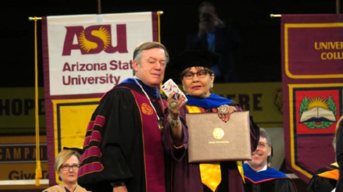 ASU President Michael Crow and Delores Grayeyes