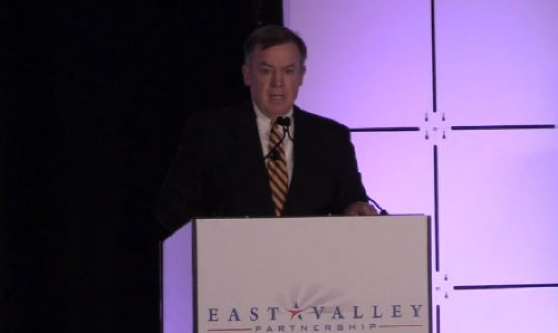 ASU President Michael Crow addresses the East Valley Partnership Economic Forum, December 2016