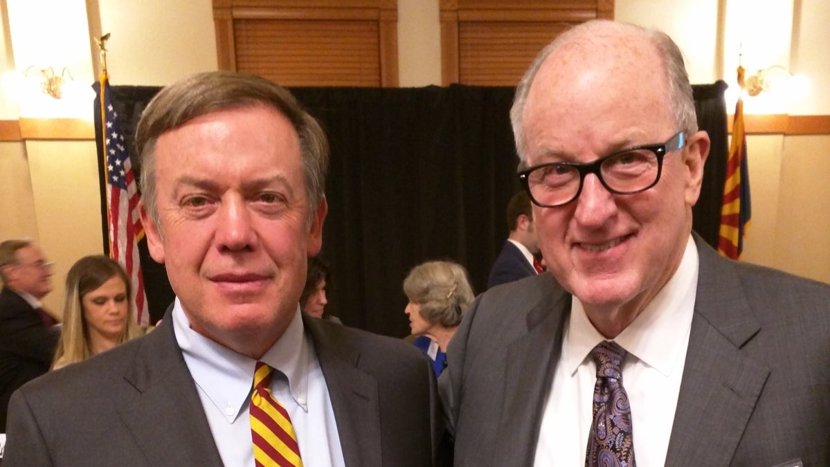 William Harris of Science Foundation Arizona honors ASU President Michael Crow at the 2nd annual Erich Bloch Lecture.  