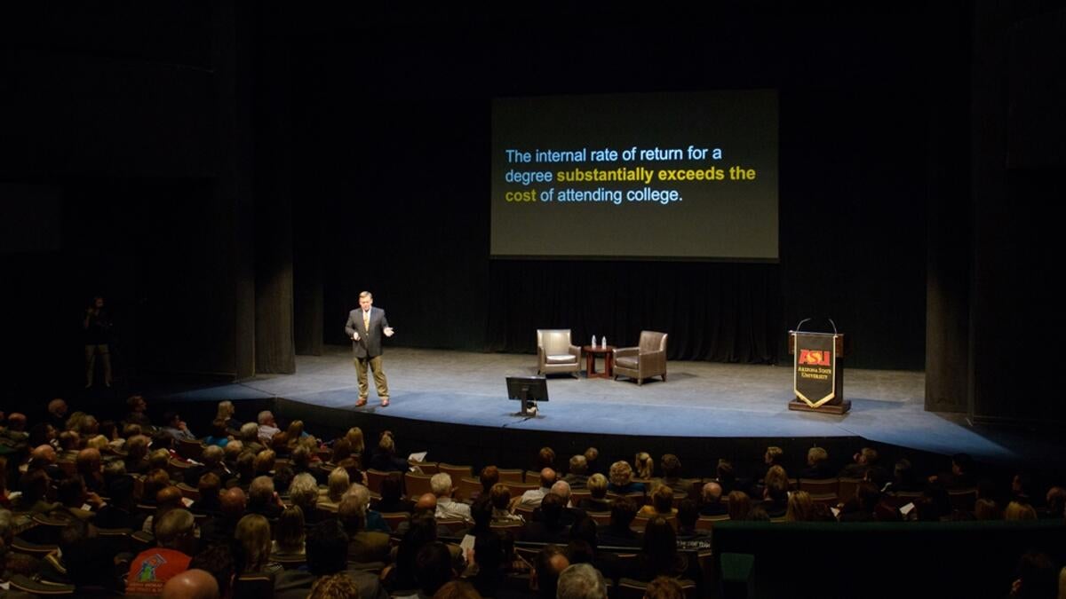 Michael Crow on stage at the 2015 Community Conversation.