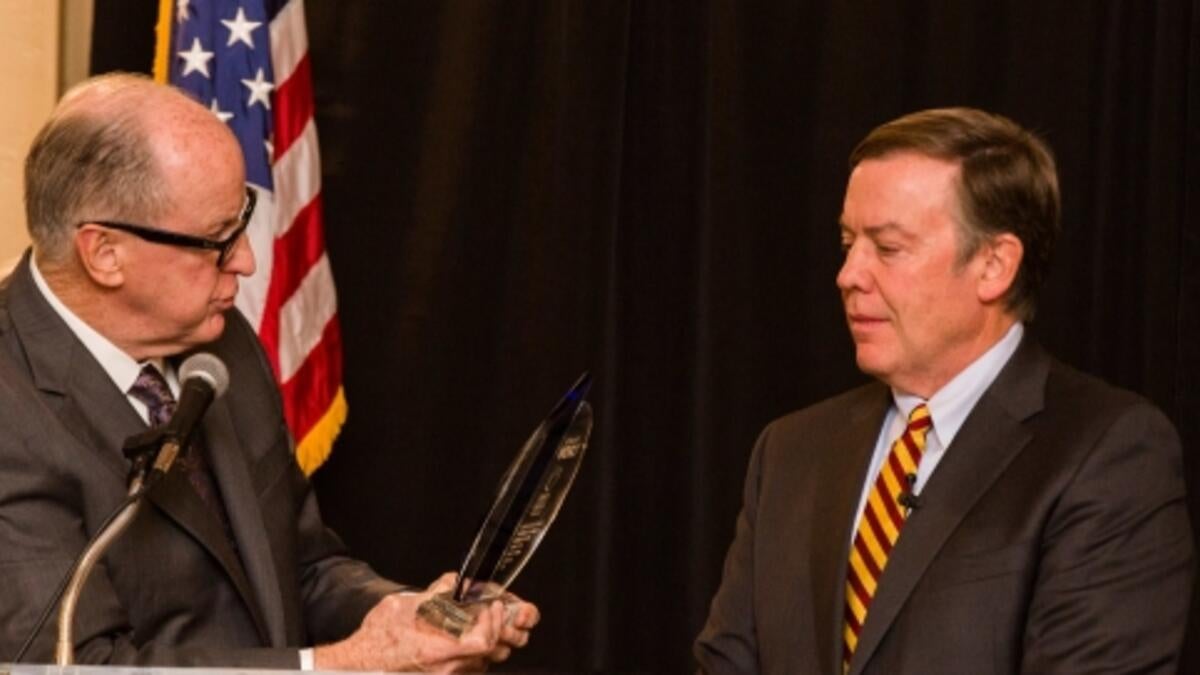 William Harris of Science Foundation Arizona honors ASU President Michael Crow at the 2nd annual Erich Bloch Lecture.