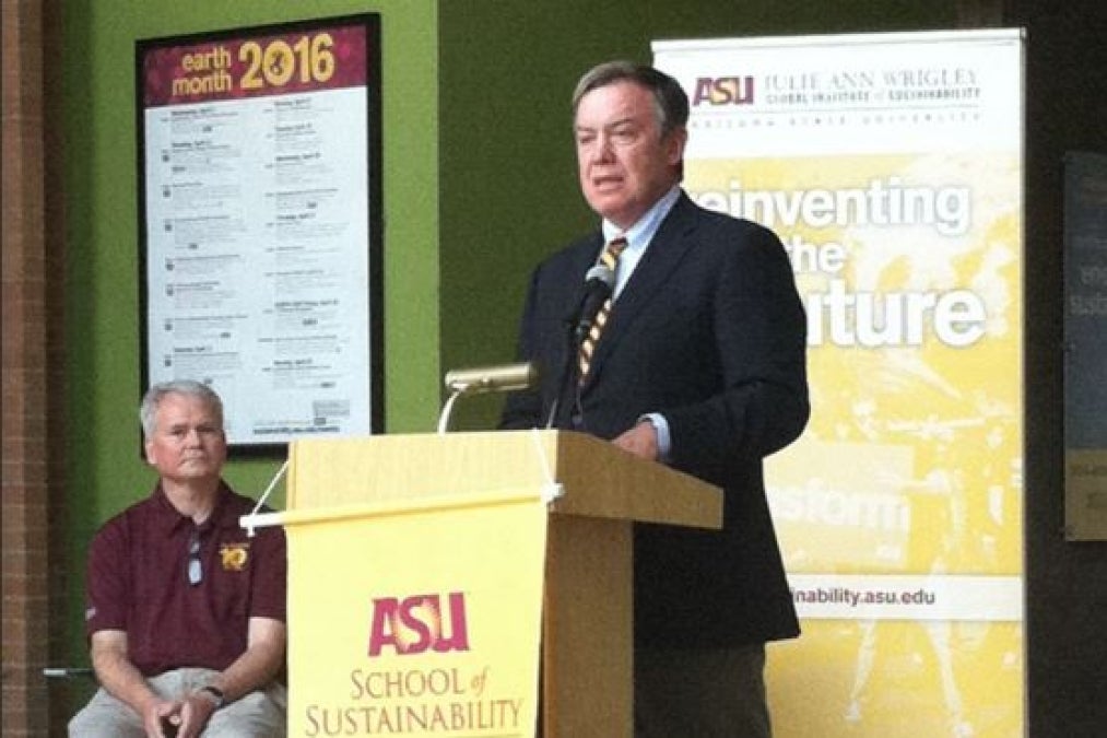ASU President Michael Crow speaks at the 10th anniversary celebration of the ASU School of Sustainability