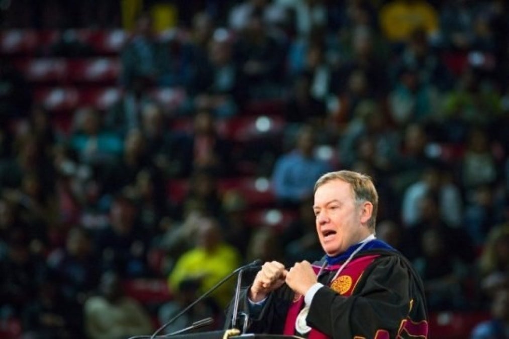 ASU President Crow speaks at the University Commencement ceremony.