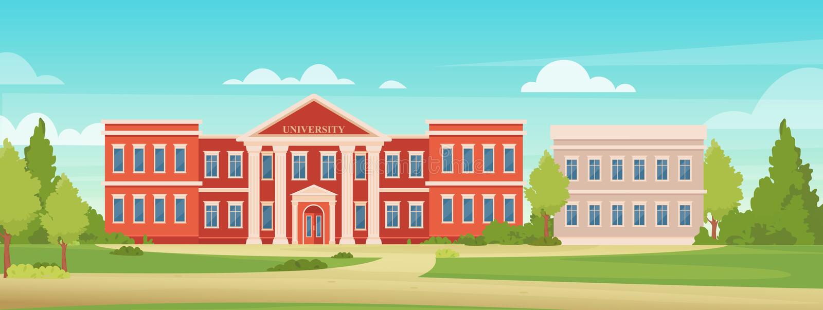An illustrated traditional brick building labeled "university" surrounded by trees and under a blue sky.