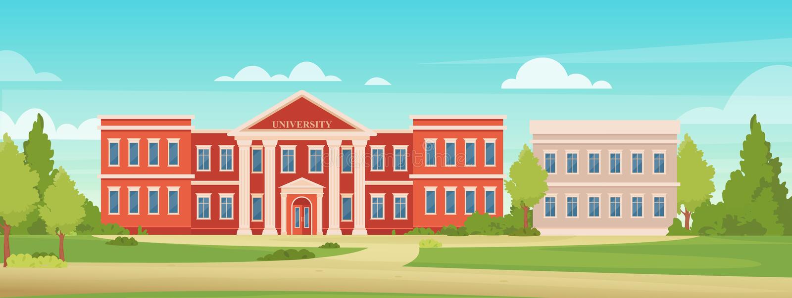 Illustration of a traditional brick building labeled "university" An illustrated traditional brick building labeled "university" surrounded by trees and under a blue sky.